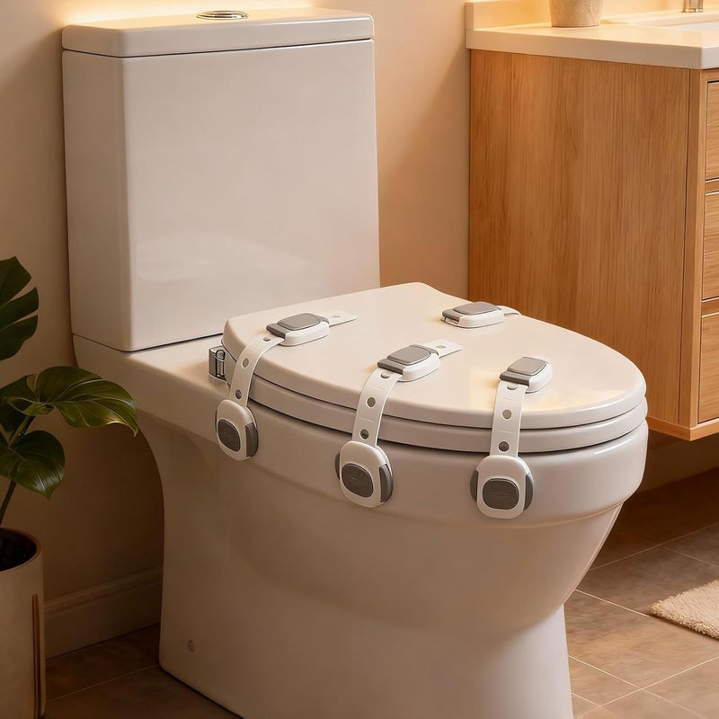 SKYROKU Baby Proof Toilet Lock (4-Pack) - Child Safety Cabinet Locks for Toilet Seat, Drawers, Fridge, Doors | Easy Install with Strong 3M Adhesive | Non-Toxic & Adjustable Strap for Toddler & Pet Safety - Image 1